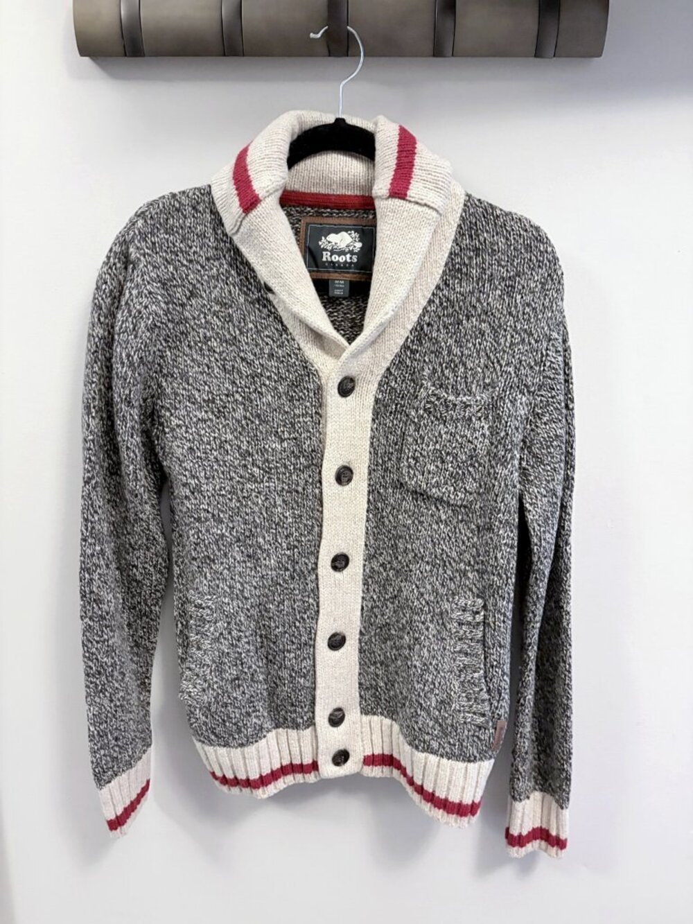 Roots Cabin Wool Blend Shawl Collar Elbow Patch Cardigan M